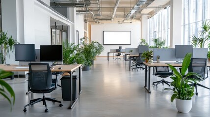 Fototapeta premium Modern office design featuring a spacious layout and a blank wall, perfect for displaying artwork.