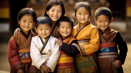 Coronation Day of His Majesty the King. Group of Bhutanese Children in Traditional Clothing, Smiling Outdoors