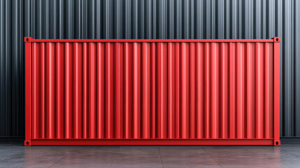 A vibrant red shipping container stands prominently against a dark, textured wall, emphasizing industrial design and modern architecture.