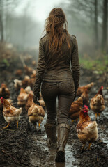 Obraz premium Muddy farm walk with free-range chickens. A woman in muddy boots strolls through a foggy farm, surrounded by free-range chickens on a misty morning.