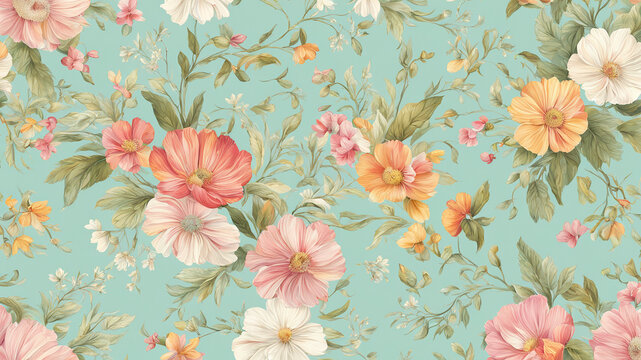 background that evokes regency romance - pink, peach and white flowers on a pale turquoise background