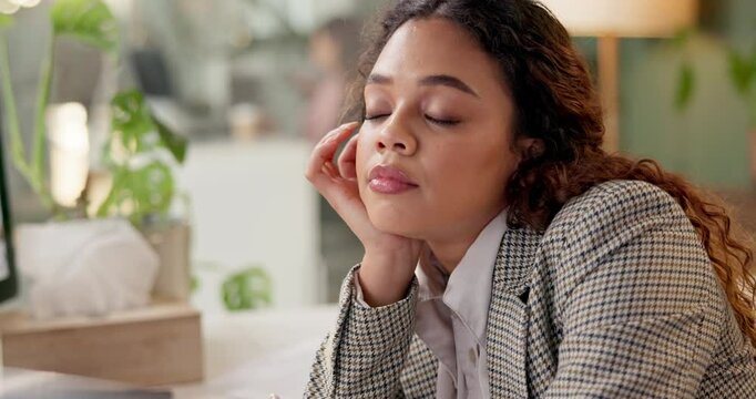 Computer, tired and night with business woman in office for fatigue, bored and deadline. Waiting, burnout and 404 glitch with female employee in agency for mental health, project and report.