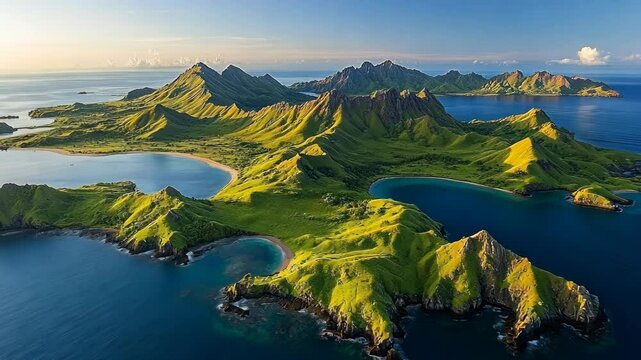 An aerial view of lush green islands in Indonesia with several inlets and coves