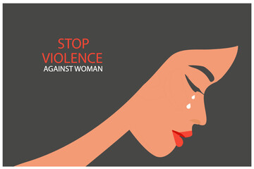 Stop violence against woman concept for the International Day for the Elimination of Violence against Women, woman crying face vector illustration