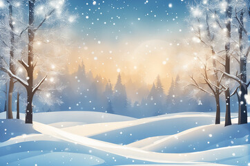 background - winter illustration with trees, snow and twinkles