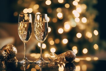 Celebrating new year's eve with two glasses of sparkling wine or champagne 