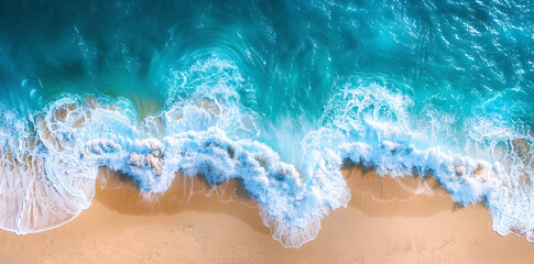 Fototapeta premium Aerial view of turquoise sea and beach with waves, top down perspective,