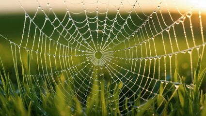 Capture the beauty of nature with a macro shot of dewdrops on a spider web at sunrise