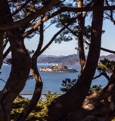 Fototapeta premium View of Alcatraz Island framed by trees, set against the San Francisco Bay and distant hills