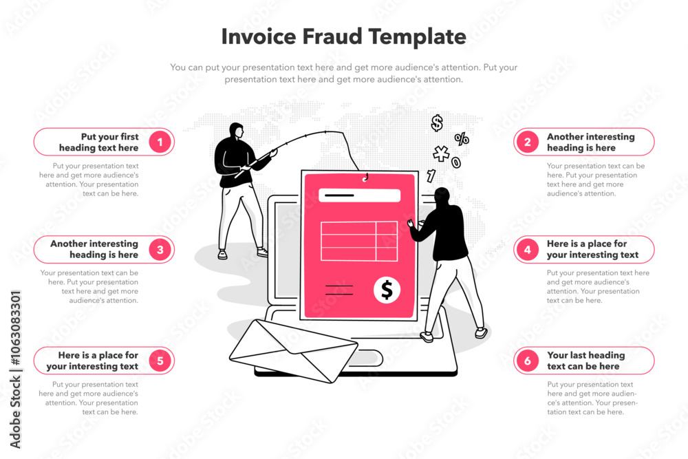Poster Simple infographic template for invoice fraud. 6 stages template with a laptop computer, two hackers and a manipulated fake invoice.