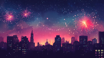 Fototapeta premium A scenic urban landscape lit up by pastel-shaded fireworks, with a gentle Happy New Year banner displayed above the city 