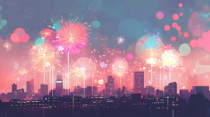 Fireworks in delicate pastel shades exploding over the skyline, with a beautifully designed Happy New Year banner framing the celebration 
