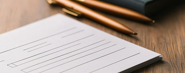 Empty form with blank lines on a wooden desk accompanied by two pens, perfect for workspace organization or documentation concepts.