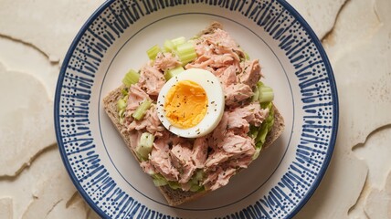 top down fresh tuna and celery salad on toasted bread with halved boiled egg atop