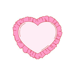 Cute coquette pink frame heart shape in vintage style. Heart shaped pink pillow with ruffles. Vintage cushion with copy space. Editable vector illustration.