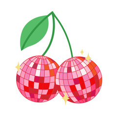 Groovy cherry disco ball. Retro mirror disco ball isolated on white background. Vector illustration disco print for poster, postcard design etc.