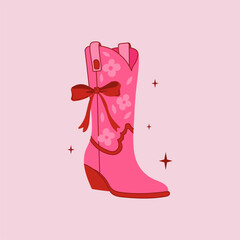 Retro coquette Cowgirl boot with bow on pink background. Cowboy western and wild west theme. Hand drawn vector.