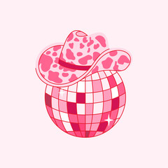Retro Pink Cowgirl hat with disco ball. Cowboy western and wild west theme. Vector isolated design for postcard, t-shirt, sticker etc.