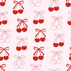 Seamless abstract pattern with cherries and coquette bows. Editable vector illustration for wrapping paper, packaging, fabric, room decor, phone case etc.
