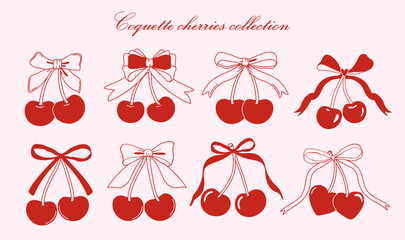 Set of coquette cherries with bow. Various cherry with ribbons. Vector illustration for posters, cards, logo, printing on t-shirt etc.
