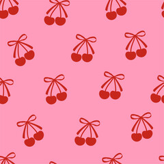 Seamless abstract pattern with cherries and coquette bows. Editable vector illustration for wrapping paper, packaging, fabric, room decor, phone case etc.