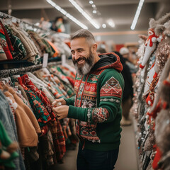 Fototapeta premium a 50-year-old man chooses a Christmas sweater in a clothing store