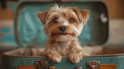Yorkshire Terrier dog on a travel suitcase