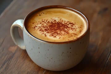 Obraz premium A large, white mug filled with hot coffee sits on an old wooden table. The cup is adorned with brown patterns and has visible roughness around the rim.