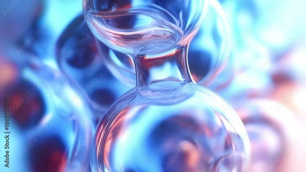 Poster Abstract animation of spherical transparent glass objects with colorful play of light on the glass surface. Color palette includes cool blues and warm oranges. Depth of field effect creates a sense of