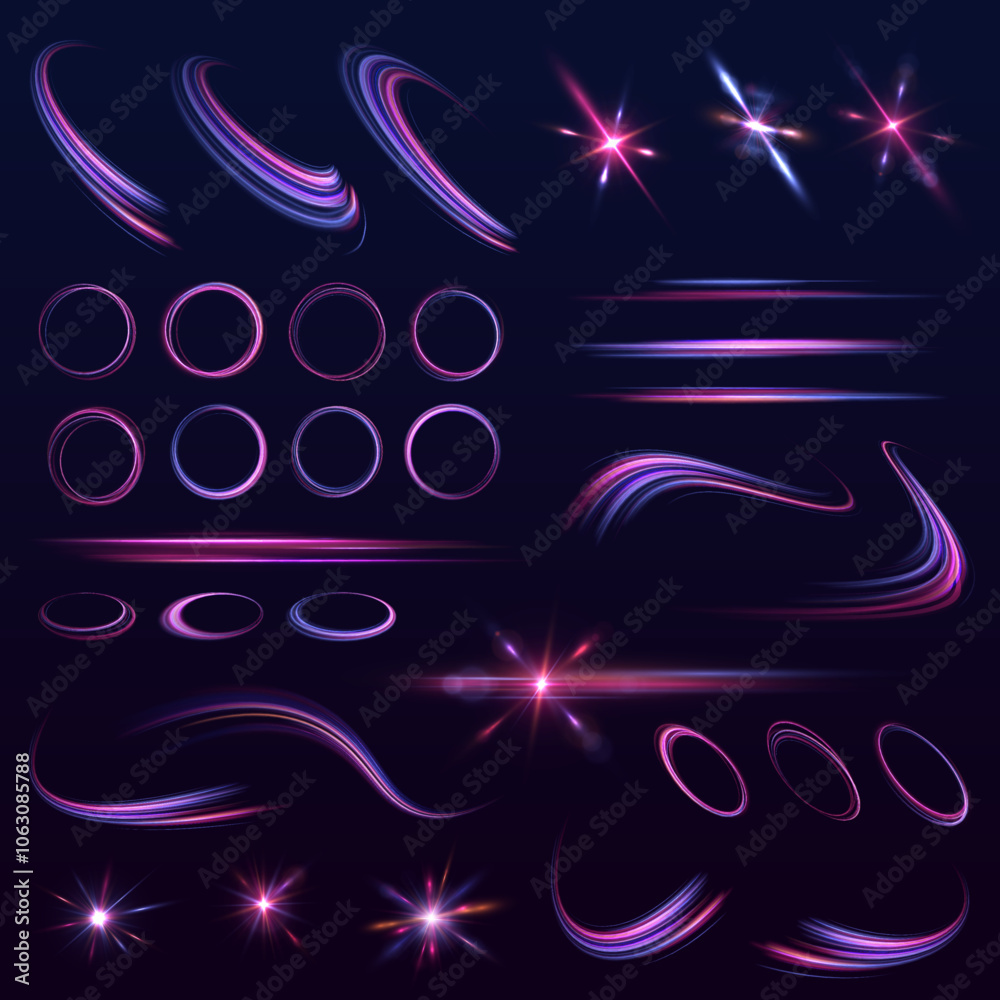 Poster set of neon lines, blurred into moving spirals. neon glowing shiny spiral speed lines purple and blu