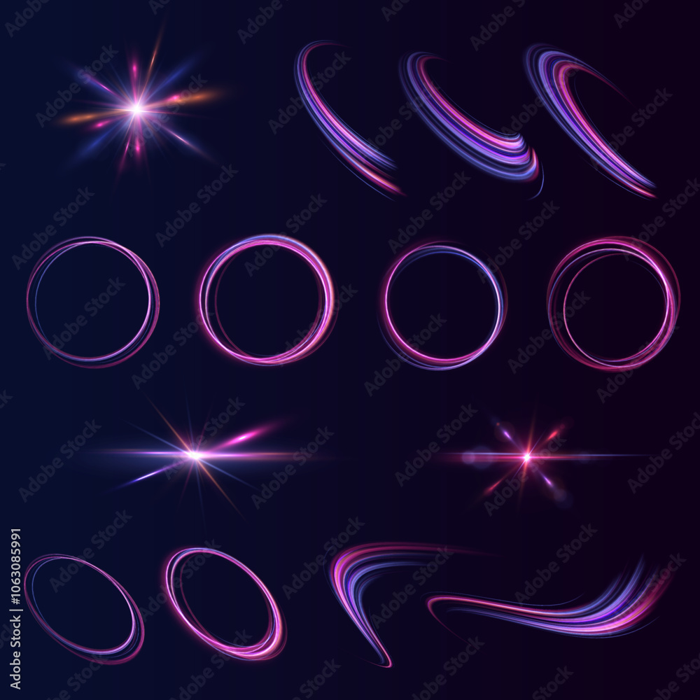 Poster set of neon lines, blurred into moving spirals. neon glowing shiny spiral speed lines purple and blu