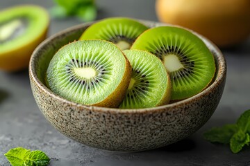 Sliced kiwi fruit in a bowl on a grey background, close-up view.