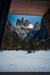 Dolomites at sunset. Winter and clear atmosphere between peaks and spires. Tre Cime di Lavaredo