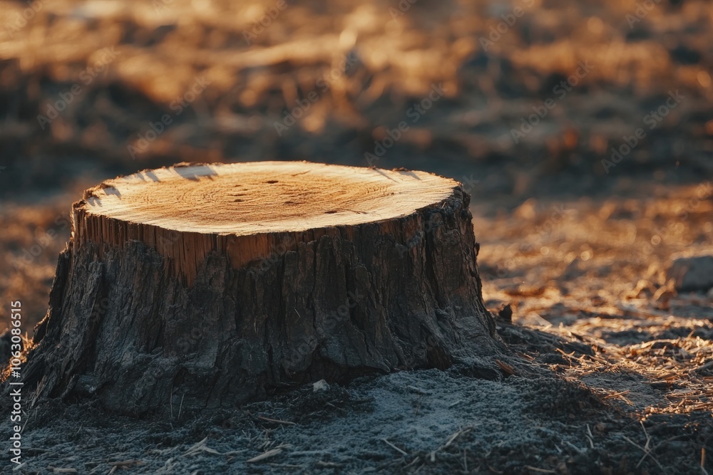 Poster a captivating image of an aged tree stump illuminated by the warm glow of sunlight, highlighting the