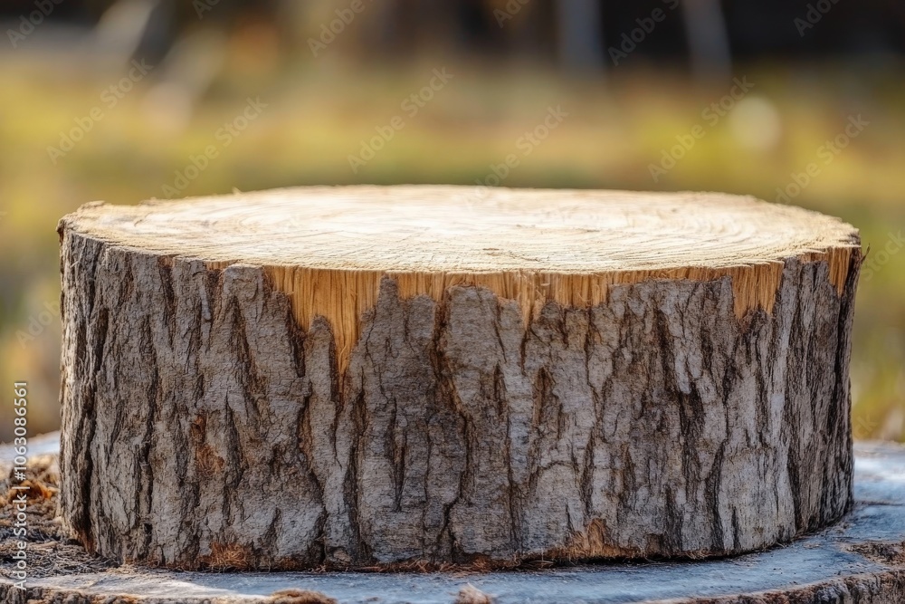 Poster a detailed close-up of a tree stump featuring its textured bark and smooth cut surface, illustrating