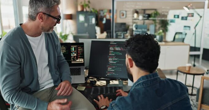 Collaboration, computer screen and programming with business people in office working together. Coding, conversation and discussion with developer team reading machine language in workplace.