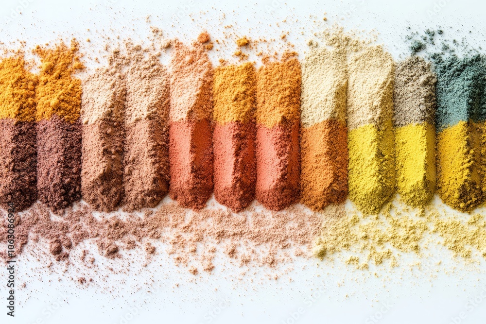 Aufkleber An assortment of ground spices blends into a colorful gradient, creating a visually rich and aromatic spectrum of flavors arranged in an artistic manner.