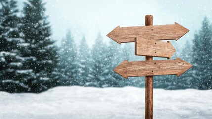 Fototapeta premium Wooden signpost in a snowy landscape, surrounded by pine trees, suggesting direction and adventure in a winter wonderland.
