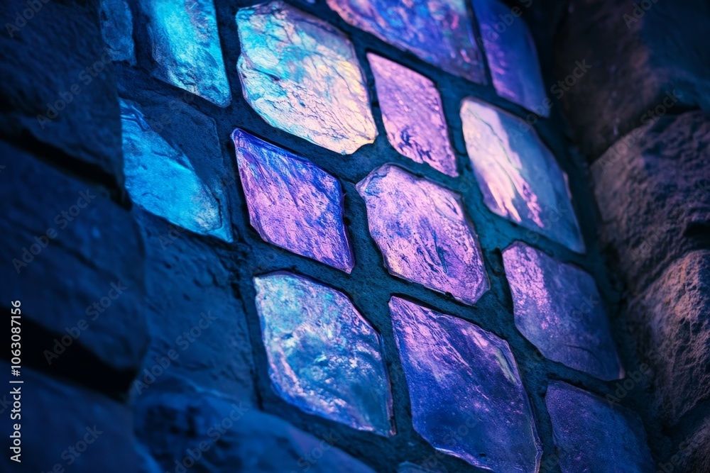 Aufkleber A windowpane of stained glass in blues and purples, with a textured surface casting a soft glow across the stone wall, creating a serene atmosphere inside.