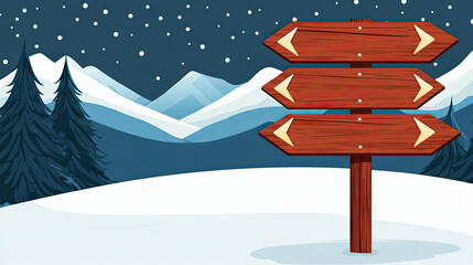 Wooden signpost in a winter landscape, surrounded by snow-covered mountains and pine trees under a starry night sky.