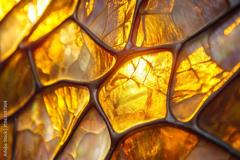 Leinwandbilder a close-up view of a beautiful golden stained glass panel, illuminated by warm light, showcasing int