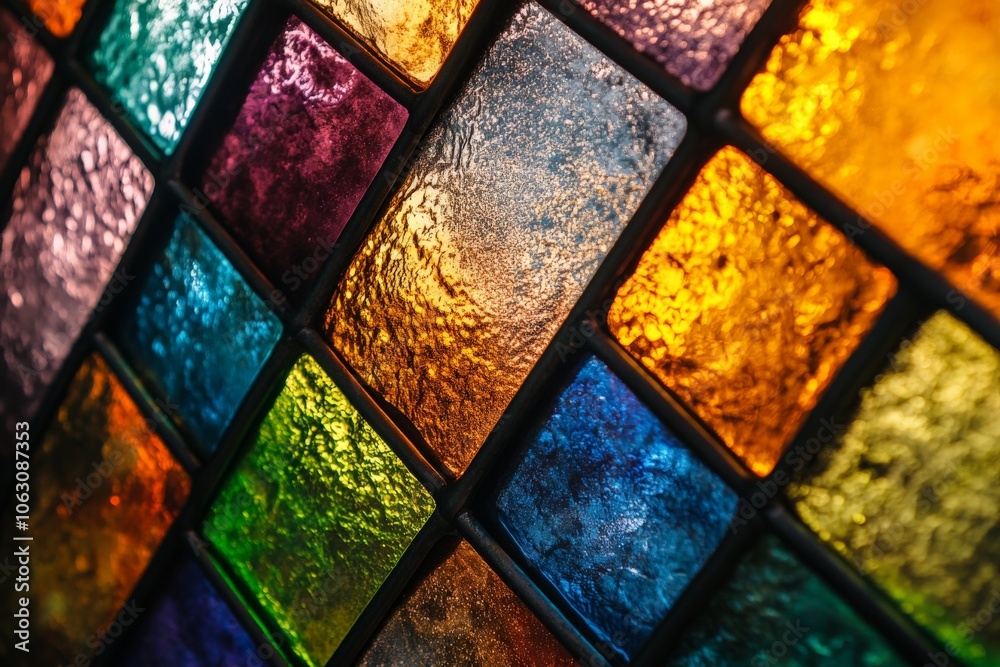 Leinwandbilder a multicolored stained glass with square patterns, revealing different textures and shades, capturin