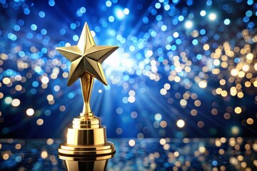 Glamorous Gold VFX Award on Rich Blue Star-Studded Background Perfect for Hollywood Award Shows, Celebrating Drama, Scripts, Cinema, and Celebrity Honors with a Captivating Bokeh Effect