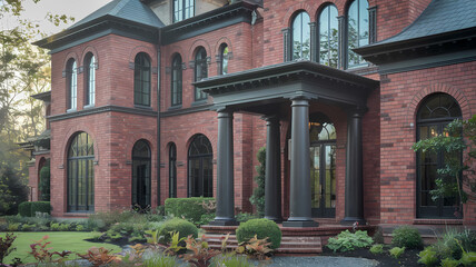 Beautiful brick mansion featuring elegant architecture, large arched windows, and a welcoming front porch with decorative columns, surrounded by lush landscaping.