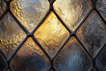 An antique-styled stained glass window glowing with golden hues, highlighting intricate patterns...