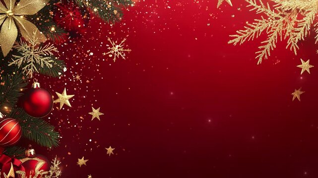 New Year or Christmas concept. Christmas background and gold gift boxes. Christmas theme and New Year's background. Christmas ornaments and New Year border decoration. Greeting card. Copy space area