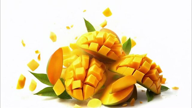 Several whole mangoes and sliced ​​pieces are hung on a white background.