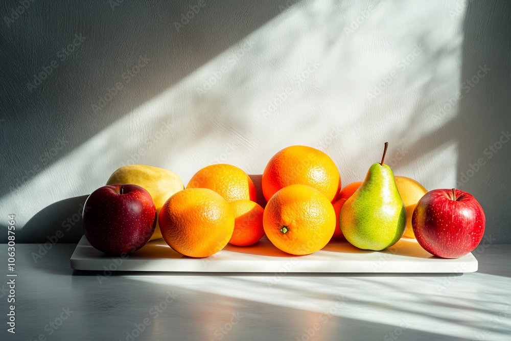 Poster This image showcases a collection of citrus fruits and apples placed on a white cutting board, bathed in gentle sunlight, emphasizing freshness and variety.