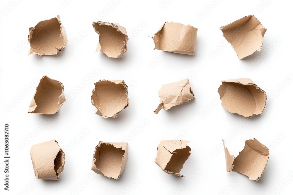 Poster minimalist design showing torn paper pieces creatively arranged on a pristine white background, emph