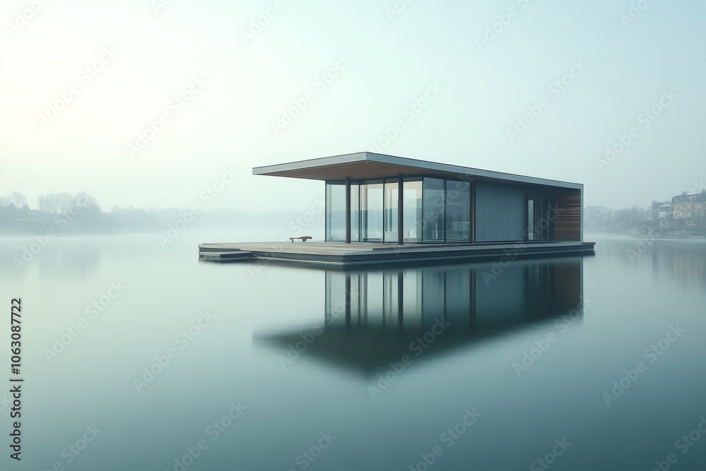 Aufkleber the tranquil scene features a minimalistic modern house sitting peacefully on calm lake waters, refl